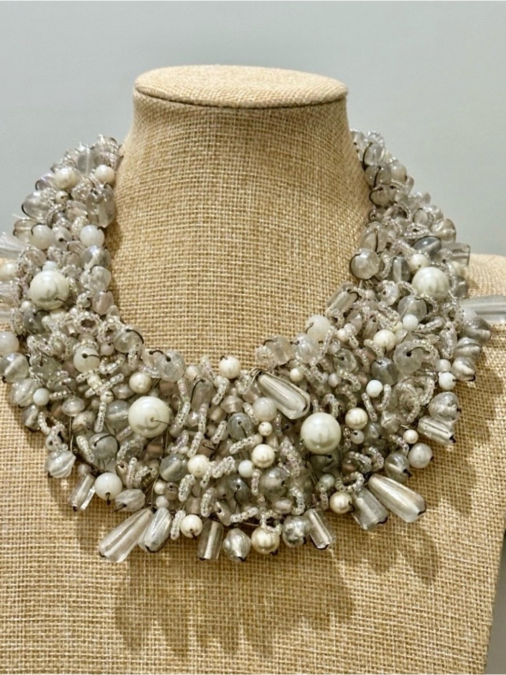 Manouk Bib Wire Wrap Statement Necklace Faux Pearl & Aurora Borealis Glass Beads